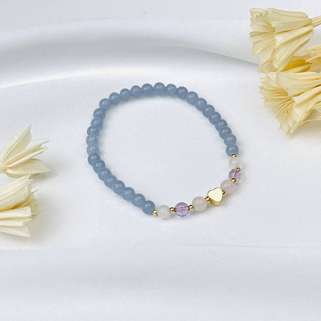 Браслет детский из Ангелита, Аметиста и Розового кварца со вставкой Сердце - Радуга самоцветов фото 2