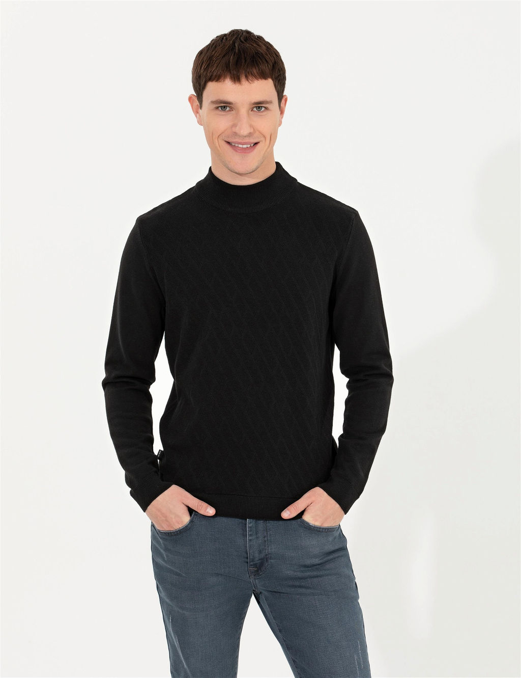 Siyah Slim Fit Yar_m Bal_k__ Yaka Triko Kazak