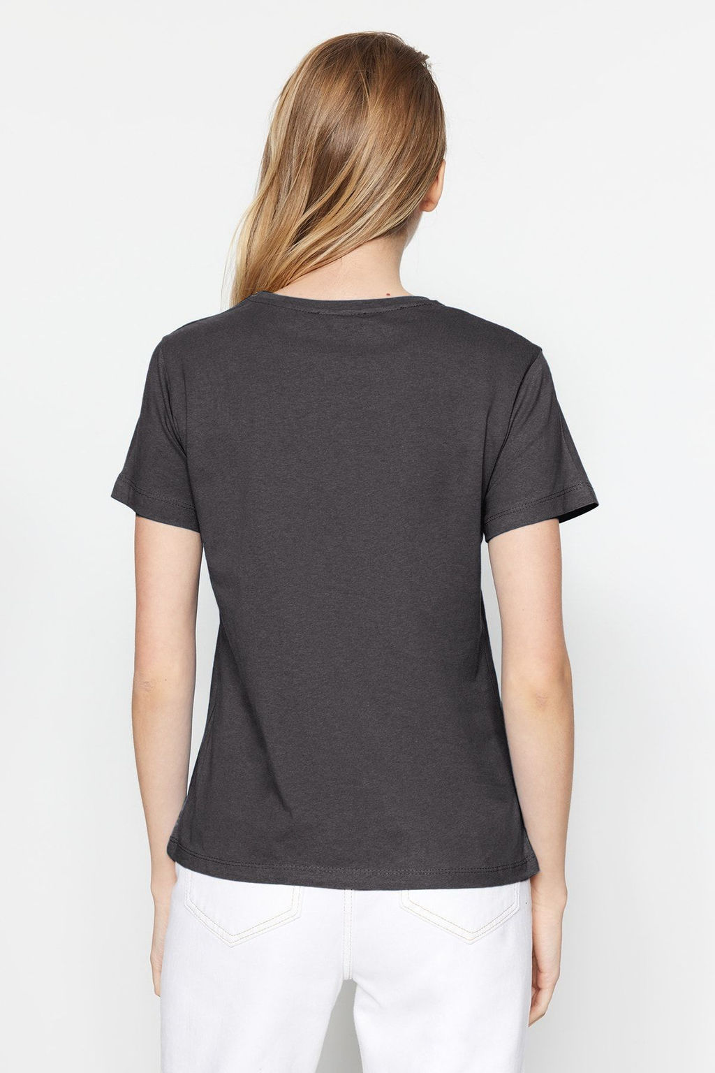 Antrasit-Sar? Basic %100 Pamuk Bisiklet Yaka 2li Paket Orme T-Shirt TWOSS20TS0141