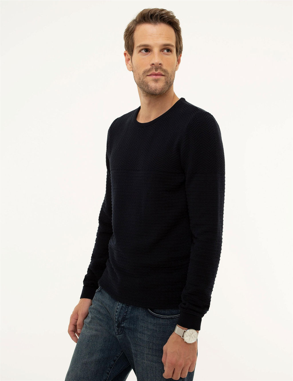 Koyu Lacivert Slim Fit Bisiklet Yaka Triko Kazak