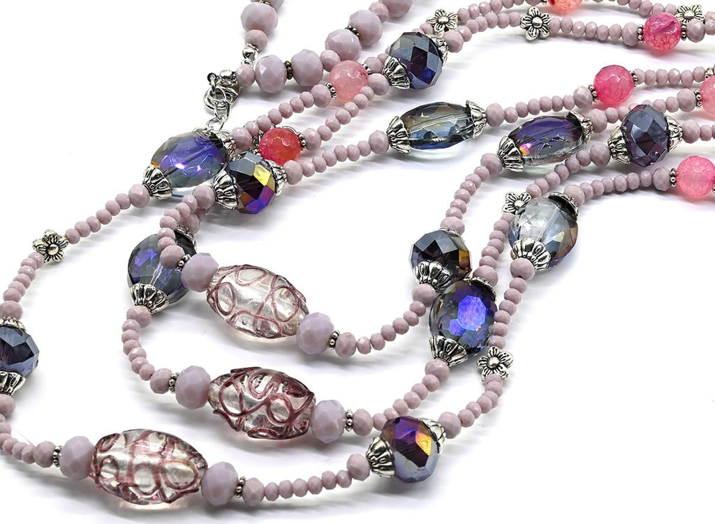 Колье длинное из циркона 3нити цвет сиреневый, 88см