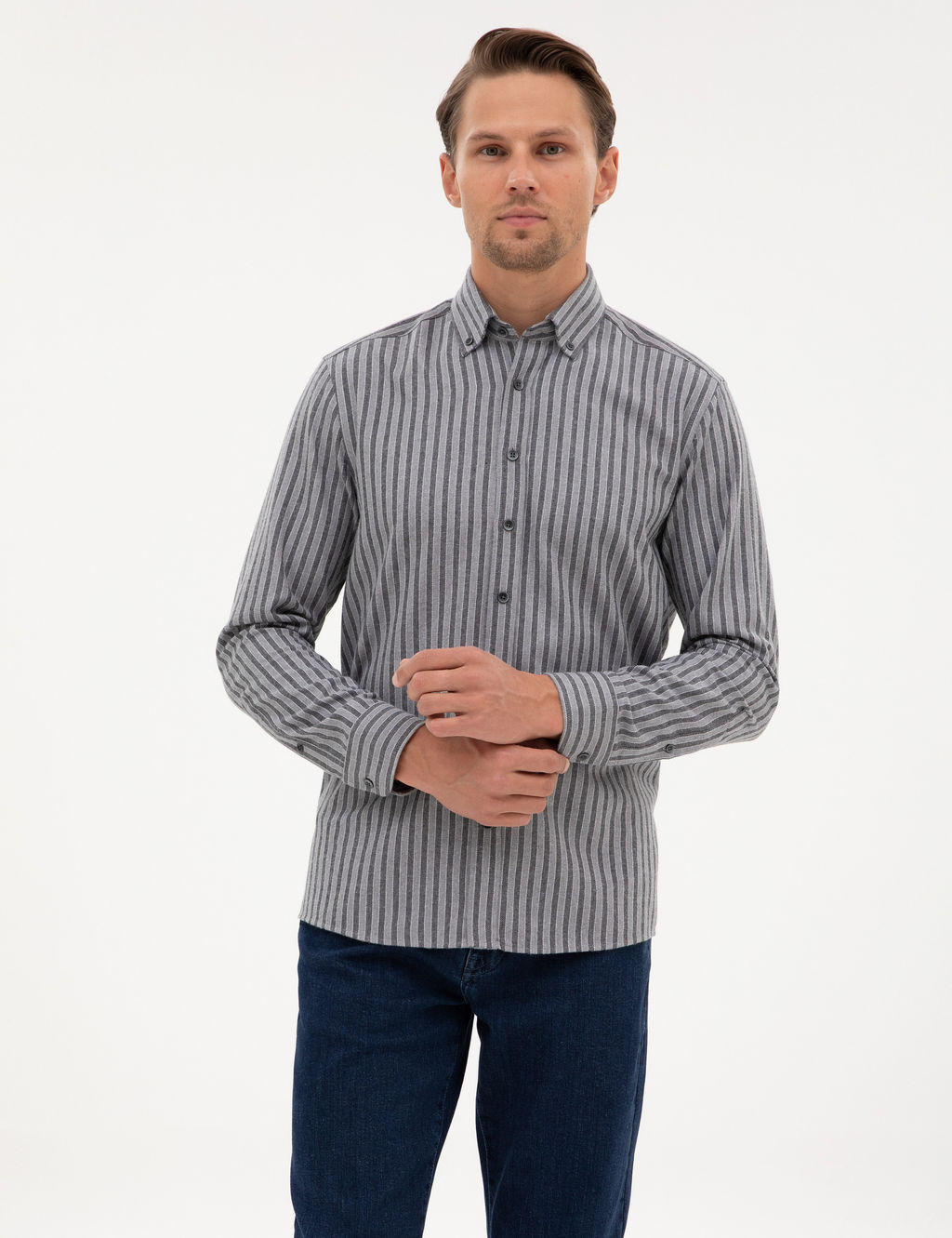 Gri Regular Fit _izgili Uzun Kollu G_mlek