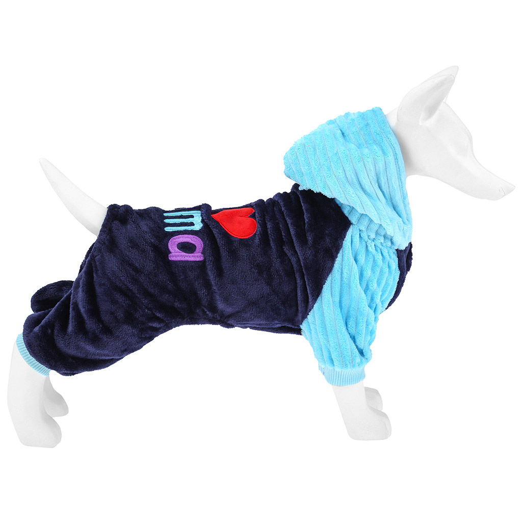 Пэт тойс (Pet toys) Одежда для собаки Комбинезон I Mama/Papa с капюшоном, с принтом, на кнопках, р-р L 38-42см, длина спинки 30см/обхват груди 42см/обхват шеи 32см, цвет-синий с голубым, плюш (100% полиэстер) (Китай) фото 2