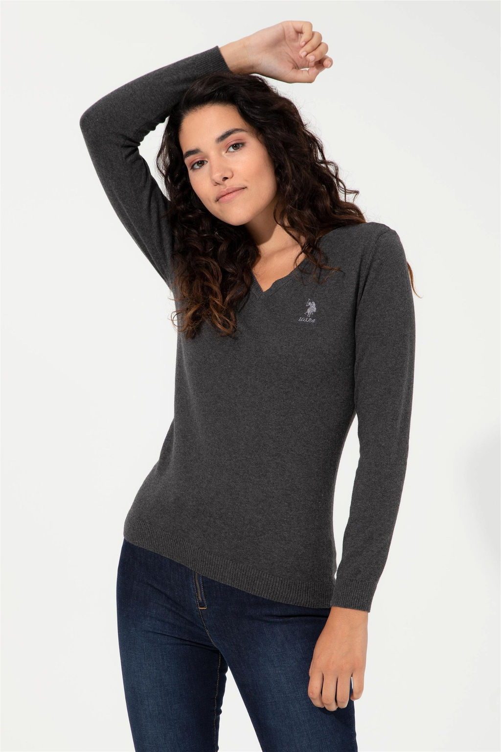 Женский базовый свитер антрацитового меланжевого цвета с v-образным вырезом - U.s. polo assn фото 4