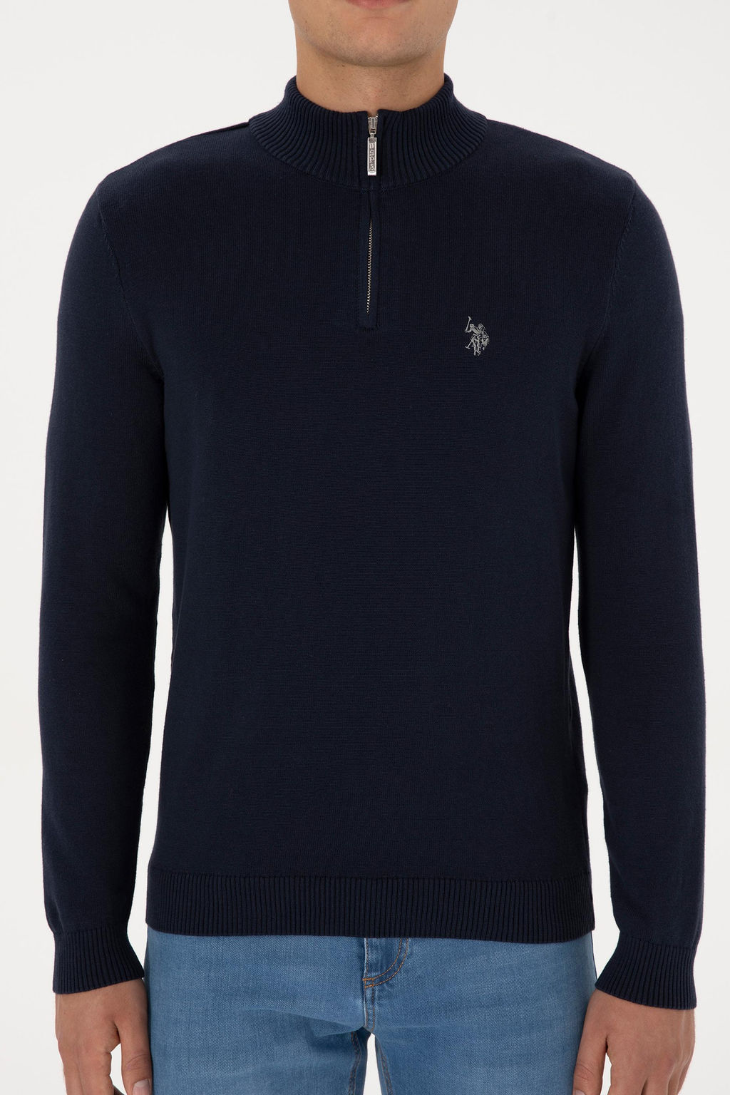 Erkek Slim Fit Yar_m Fermuarl_ Lacivert Basic Kazak