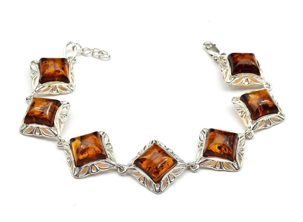 Браслет с янтарем С925 ромб 21мм цв.коньячный, 19,5см, 15,3г