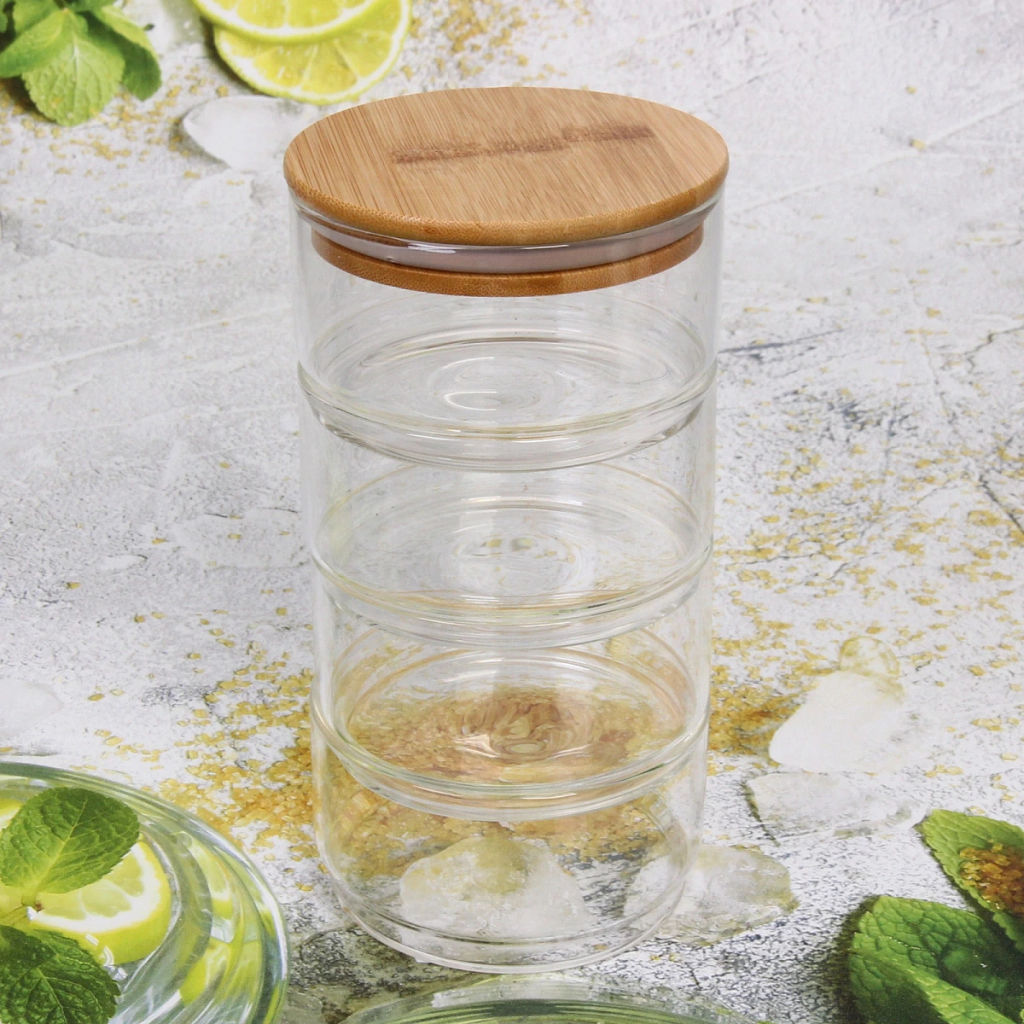 Банка для продуктов стеклянная "Хай-Тек" в наборе 4*400мл с бамбуковой крышкой 11*6см