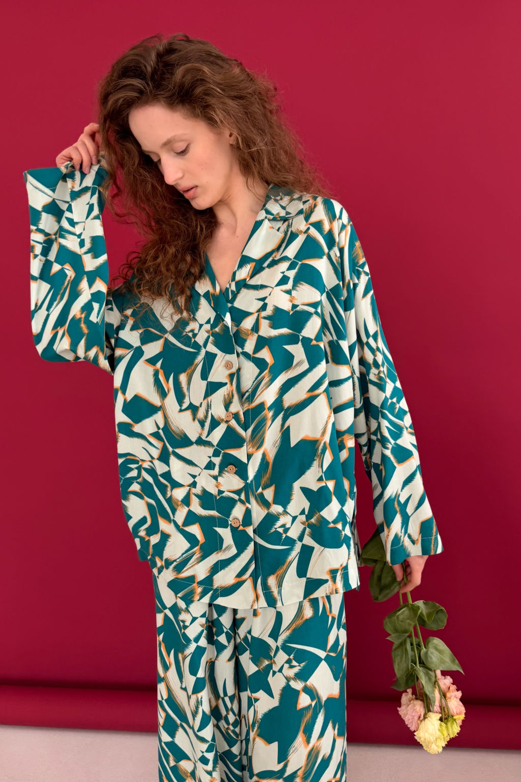 Блузка СЕТ113/01/Белый, зеленый - M&G all natural фото 4