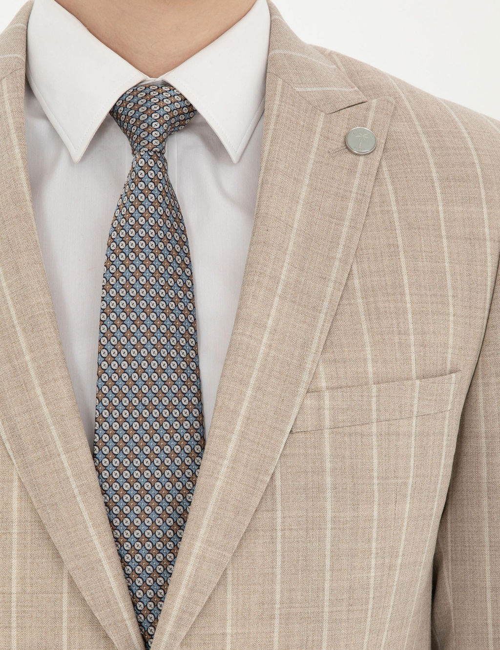 Bej Ekstra Slim Fit _izgili Y_n Tak_m Elbise