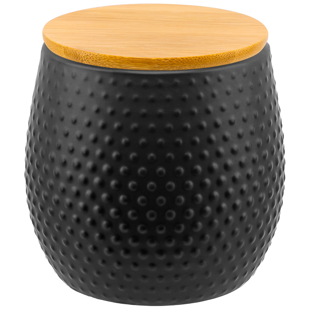 Банка д/хранения 850 мл 12*12*11,5 см "Пузырьки" черная с бамб. крышкой с сил. упл.