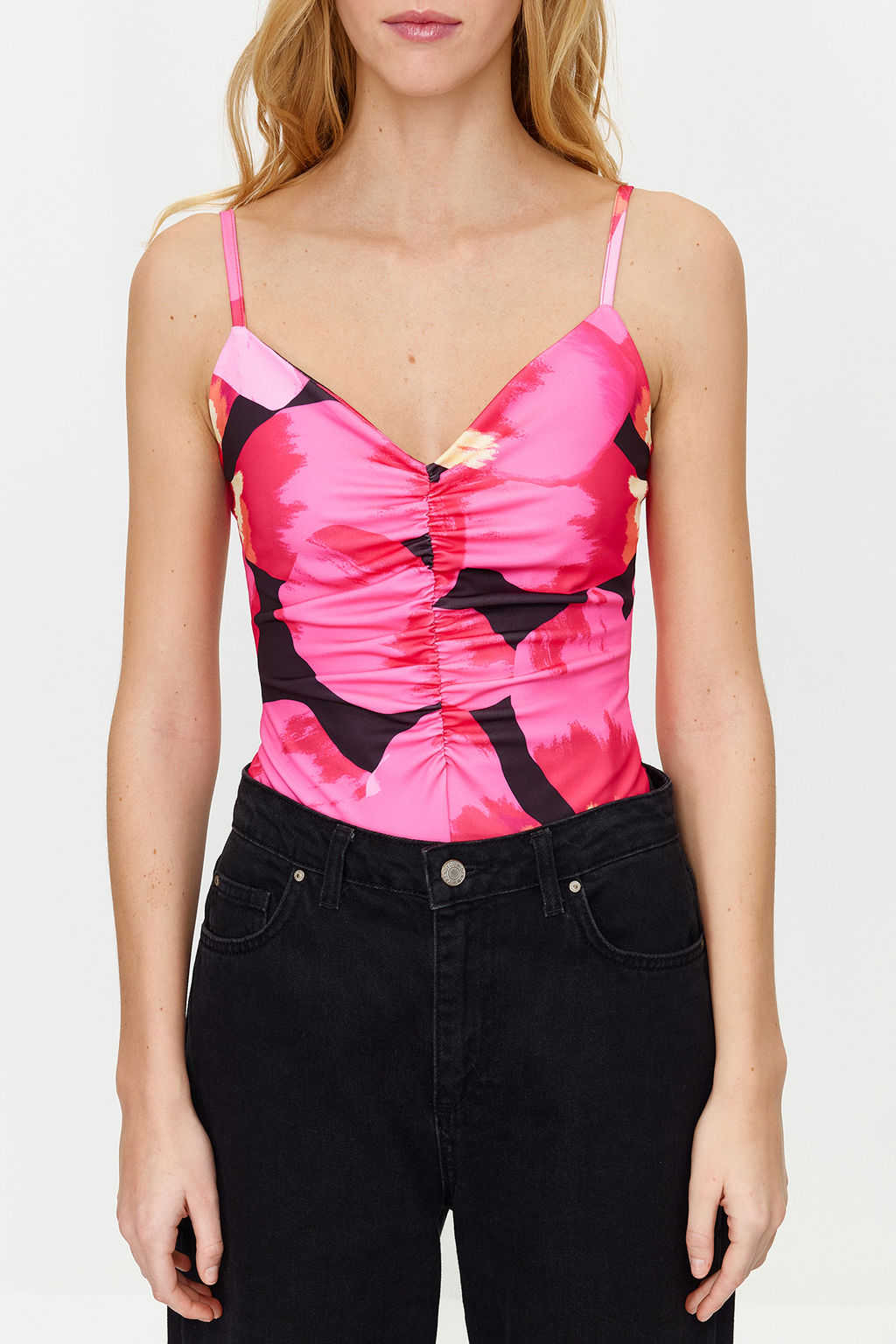 Pembe Cicek Desenli V Yaka Esnek C?tc?tl? Orme Body TWOSS24BD00021 - Trendyolmilla фото 5