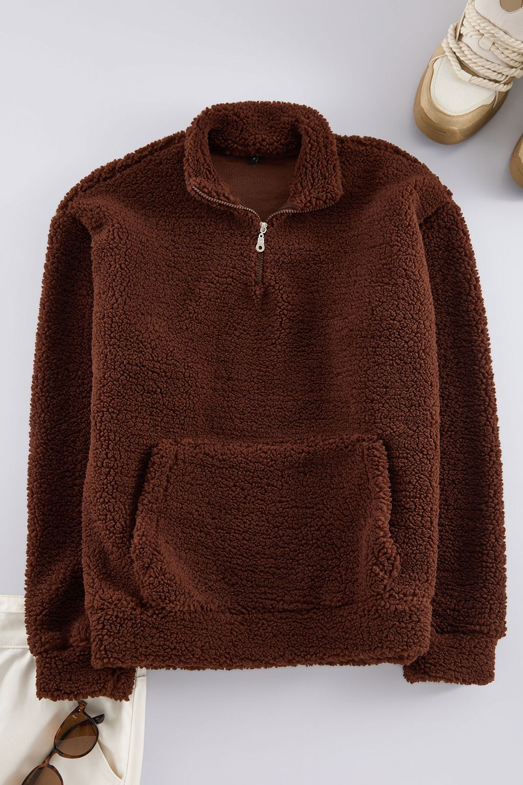 TRENDYOL MAN Koyu Kahverengi Oversize/Genis Kesim Fermuarl? Pelus Sweatshirt TMNAW25SW00107 - Trendyolmilla фото 6