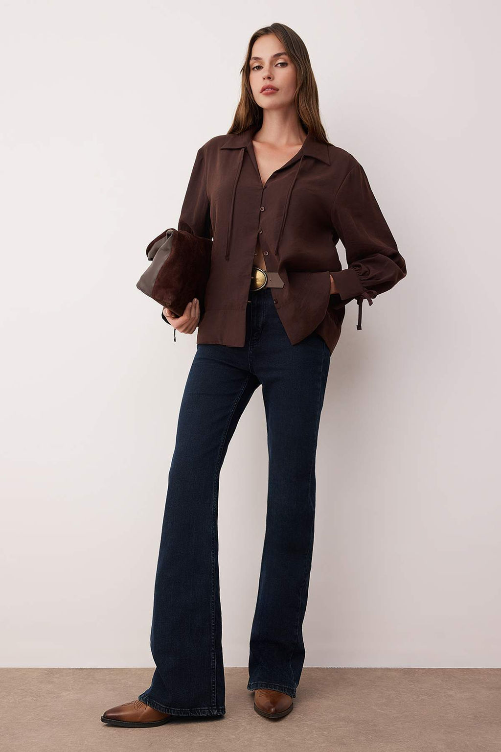 Sustainable Koyu Kahverengi Boho Modal Baglama Detayl? Oversize Modal Gomlek TWOAW26GO00080