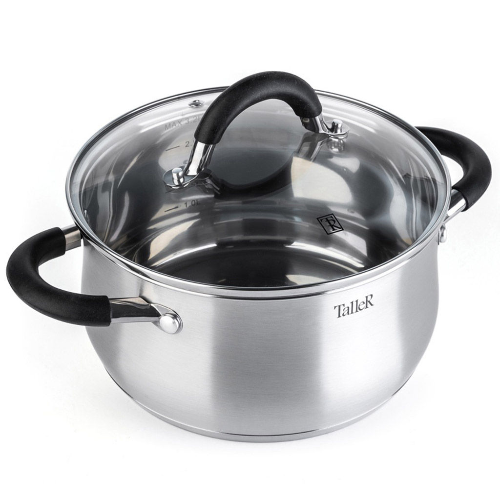 Кастрюля из нержавеющей стали Шелборн 3,2л, д20см, h10,5см, s0,6мм, дно s2,8мм, стеклянная жаропрочная крышка, стальной обод, пароотвод, силиконовые вставки черного цвета, капсулированное дно, полировка внешняя - матовая, внутренняя - зеркальная, м - Домашняя мода фото 2