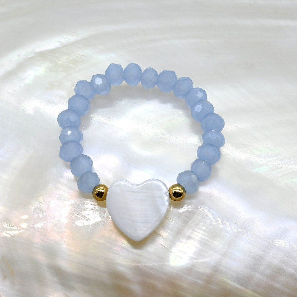 Колечко на резинке с перламутром Сердце и цирконом цвет небесно голубой - Радуга камня фото 2