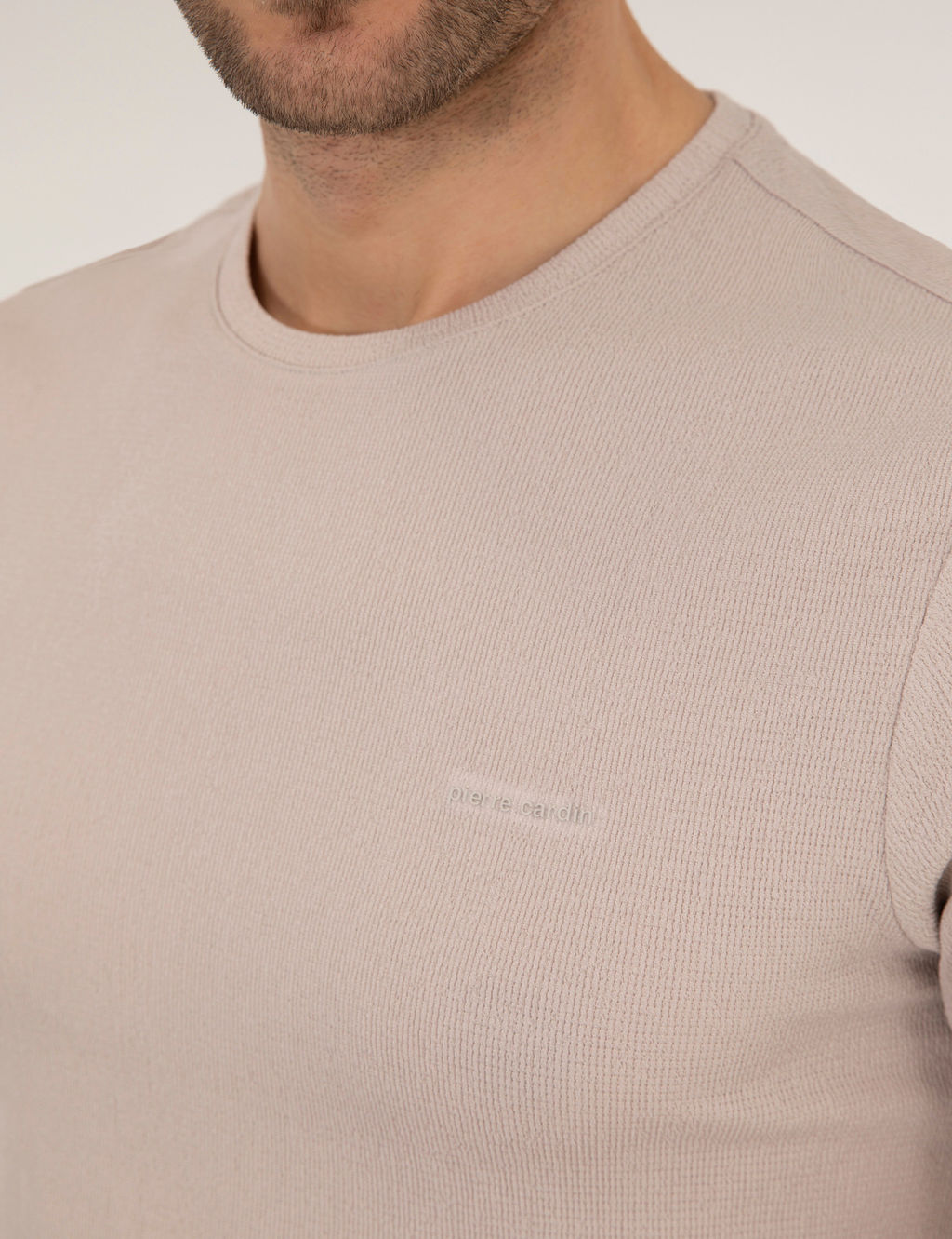 Bej Slim Fit Dokulu Bisiklet Yaka Ti__rt