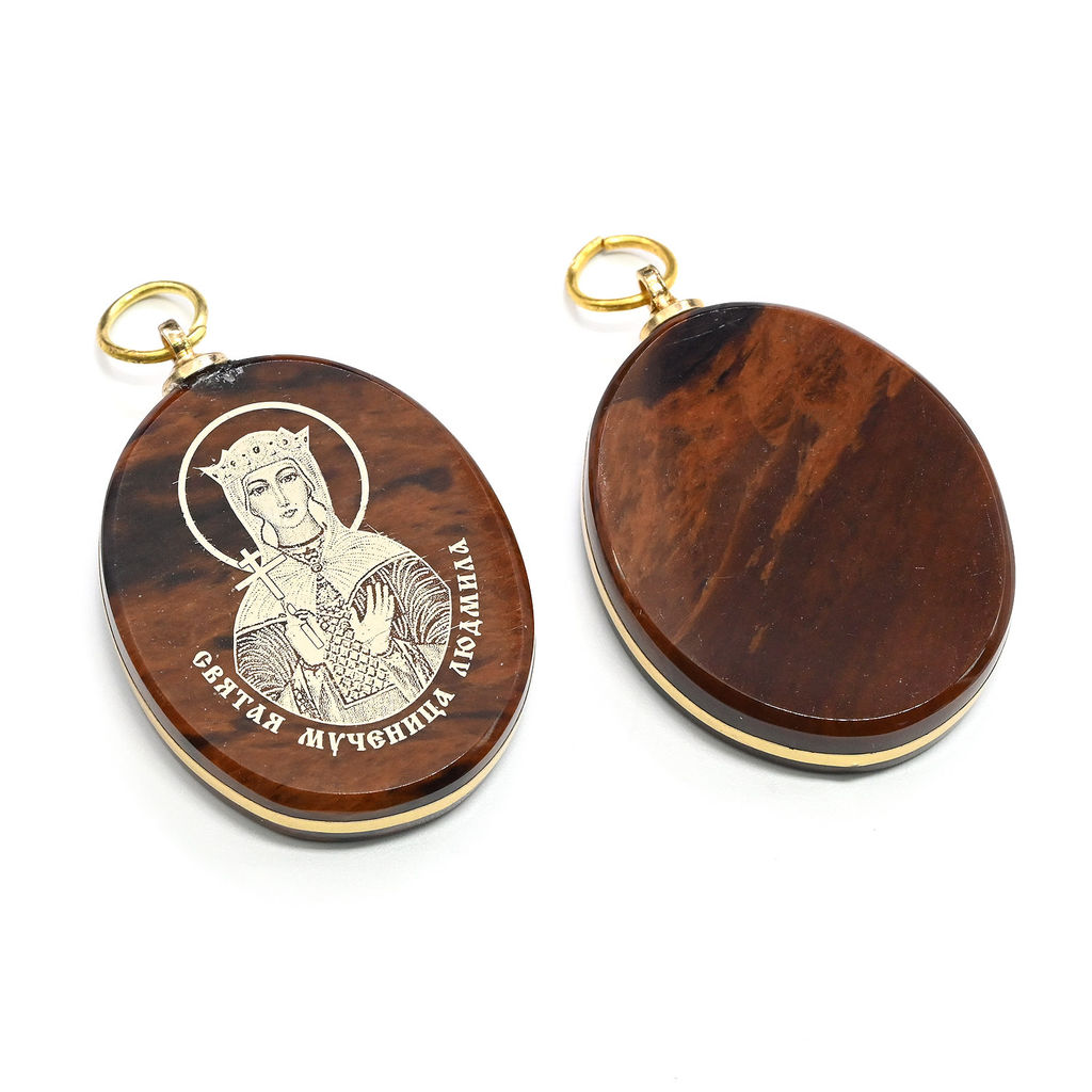 Кулон из обсидиана овал с окантовкой " Св.Людмила " 20*30мм