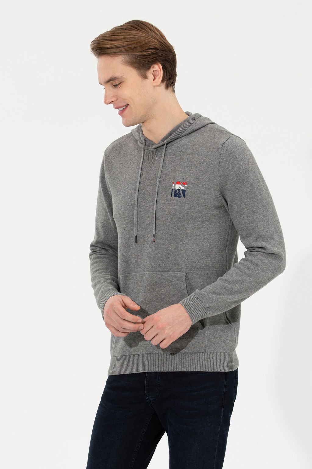 U. S. Polo Assn Мужской серый меланжевый вязаный свитер с капюшоном - U.s. polo assn фото 22