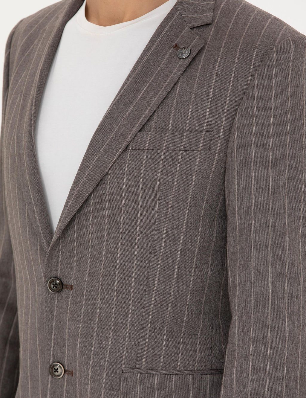 A__k Kahverengi Ex. Slim Fit _izgili Tak_m Elbise