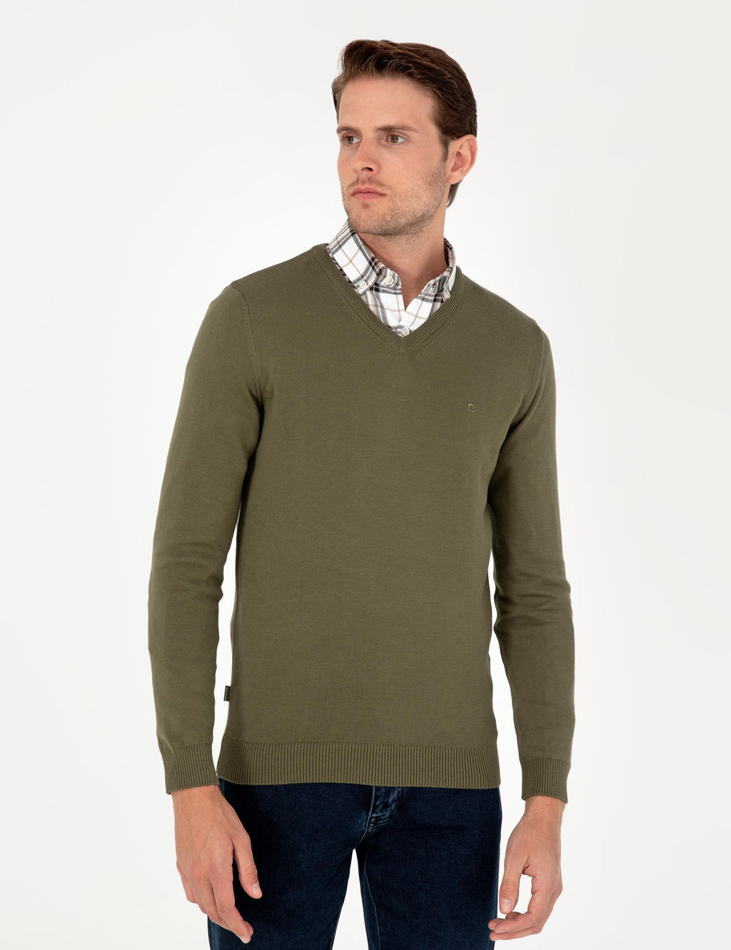 Koyu Haki Slim Fit V Yaka Basic Triko Kazak - Pierre cardin фото 3