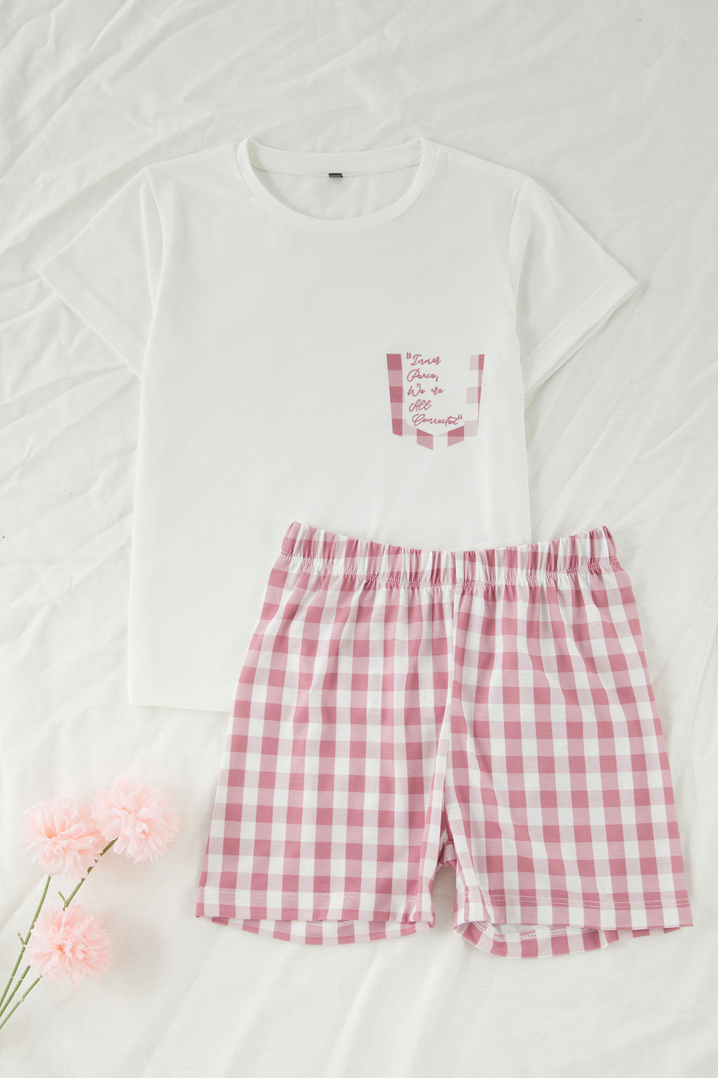 Ekru K?z Cocuk Ekoseli K?sa Kol Sortlu Orme Pijama Tak?m? TKDSS25PT00034