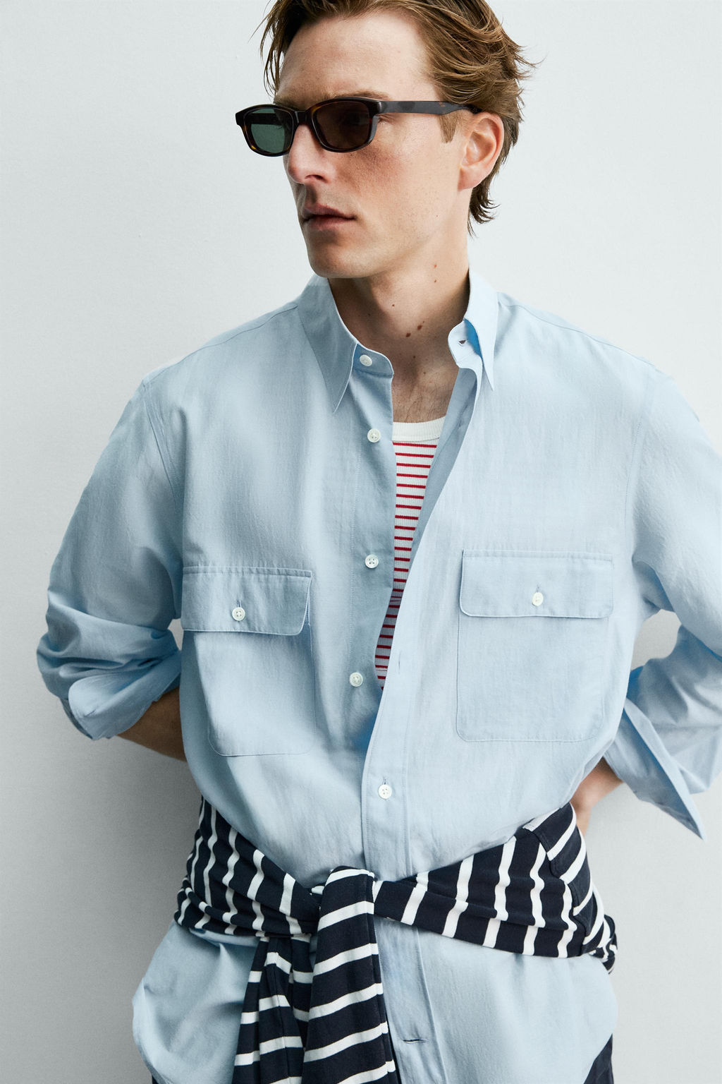 CAMISA FLUIDA REGULAR FIT BOLSILLOS AARON LEVINE X ZARA / Celeste claro  фото 6
