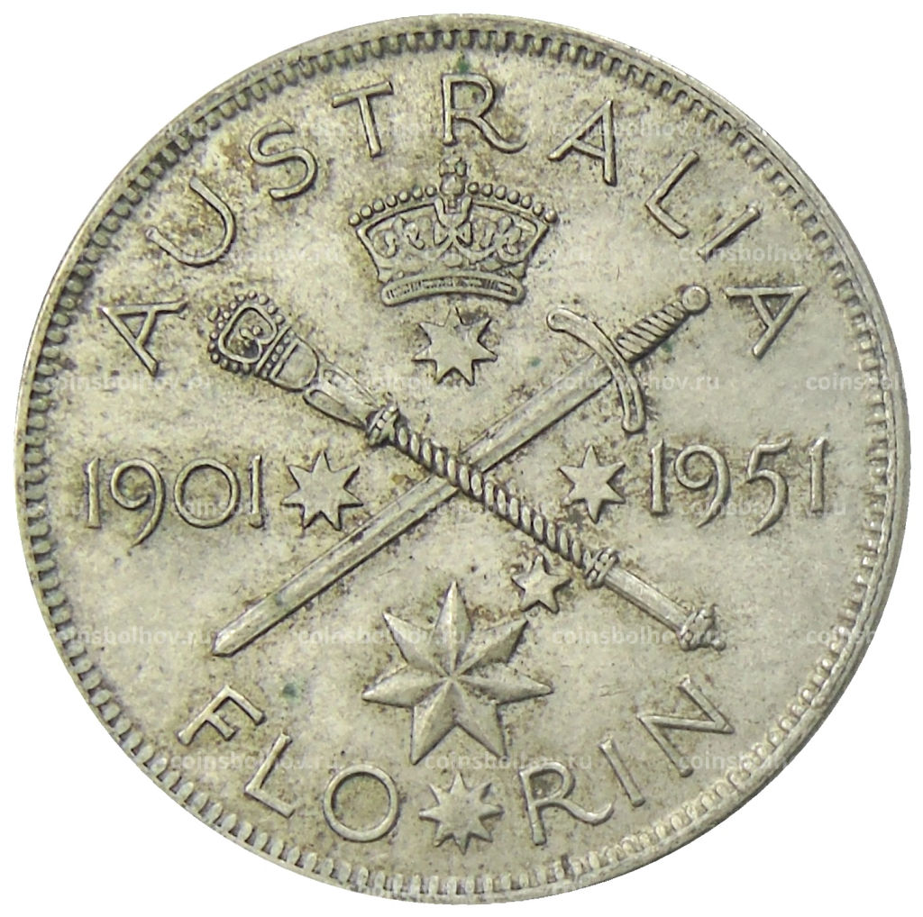 1 флорин (2 шиллинга) 1951 года Австралия  50 лет Федерации