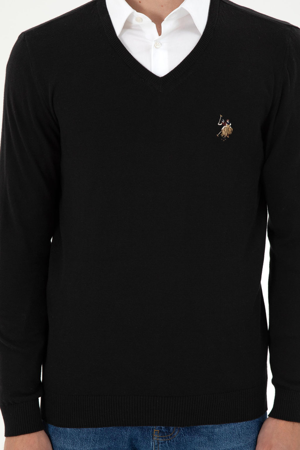 Erkek Slim Fit V Yaka Siyah Basic Kazak