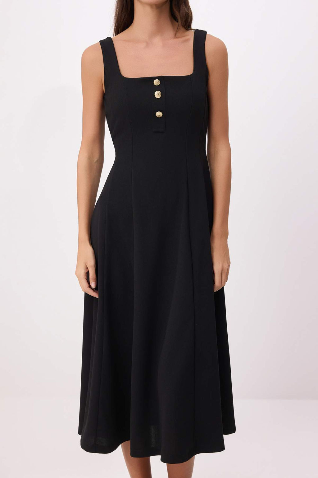 Siyah Belden Ac?lan Kare Yaka Kal?n Ask?l? Kolsuz Krep Orme Elbise TWOSS26EL00464