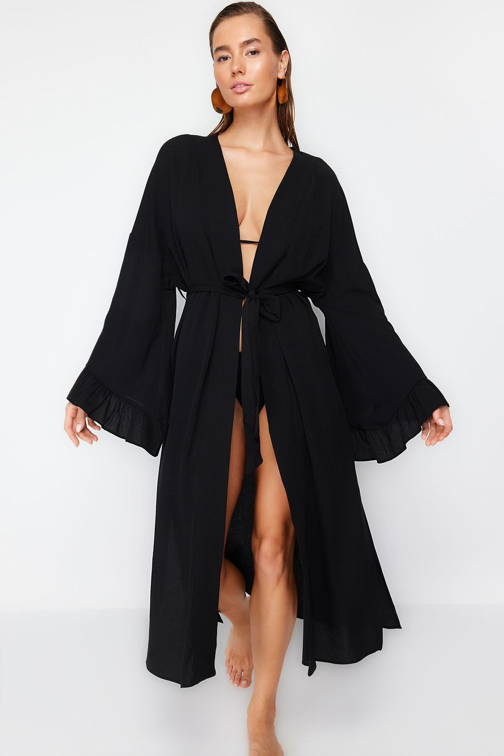 Plaj Giyim Siyah Kusakl? Maxi Dokuma F?rf?rl? Flaml? Pamuk Kimono&Kaftan TBESS24KM00026 - Trendyolmilla фото 3
