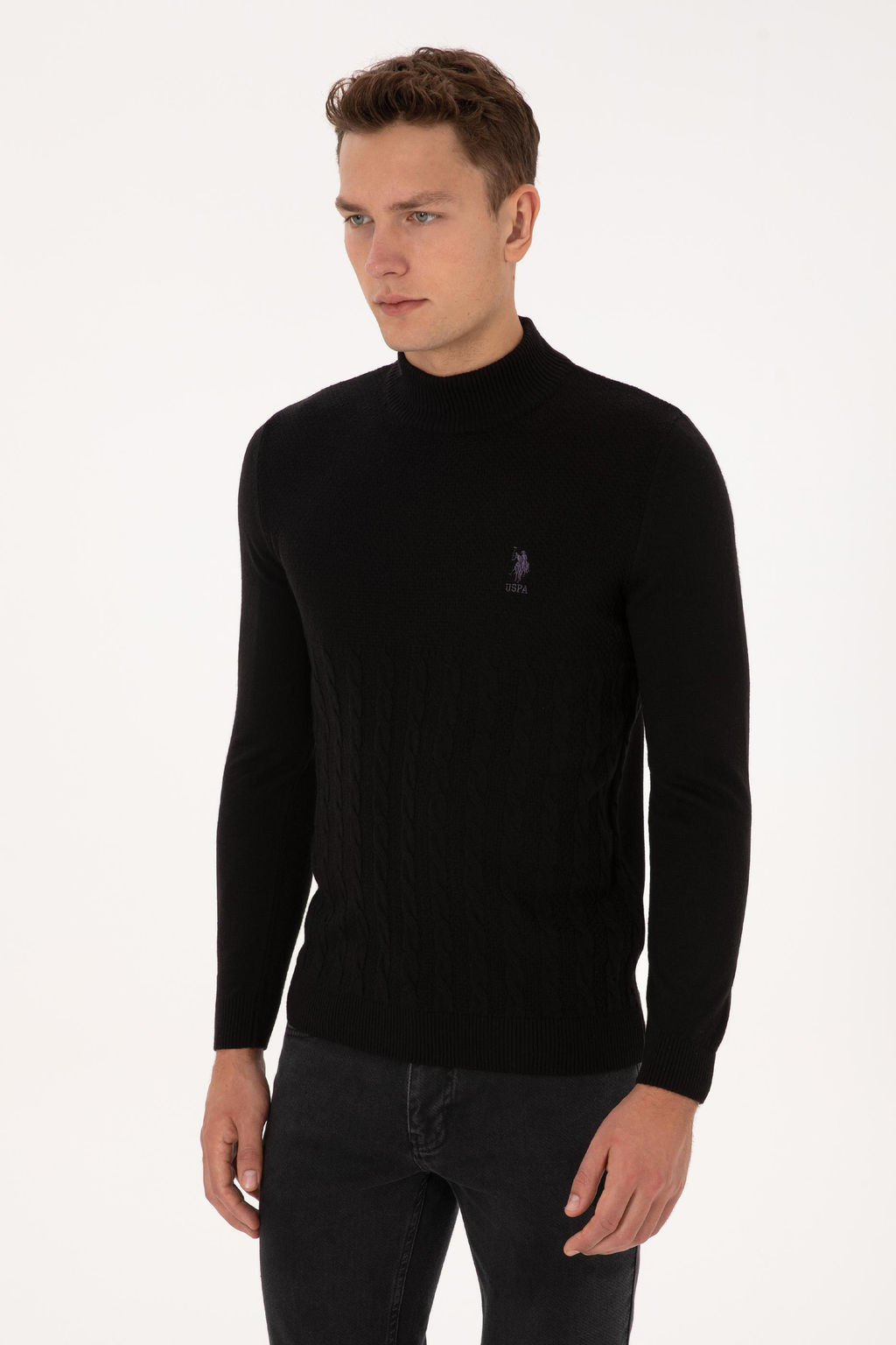 Erkek Slim Fit Yar_m Bal_k__ Yaka Siyah Kazak - U.s. polo assn фото 3