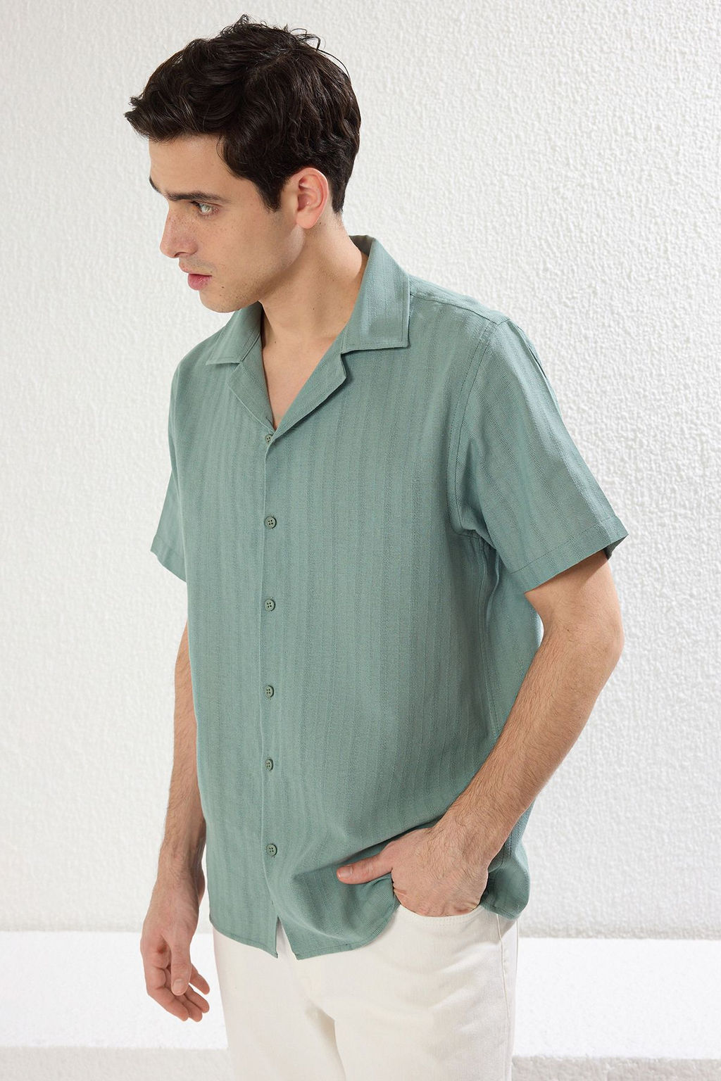 TRENDYOL MAN Kahverengi Regular Fit Dokulu Yazl?k Keten Gorunumlu TMNSS23GO00070 - Trendyolmilla фото 2