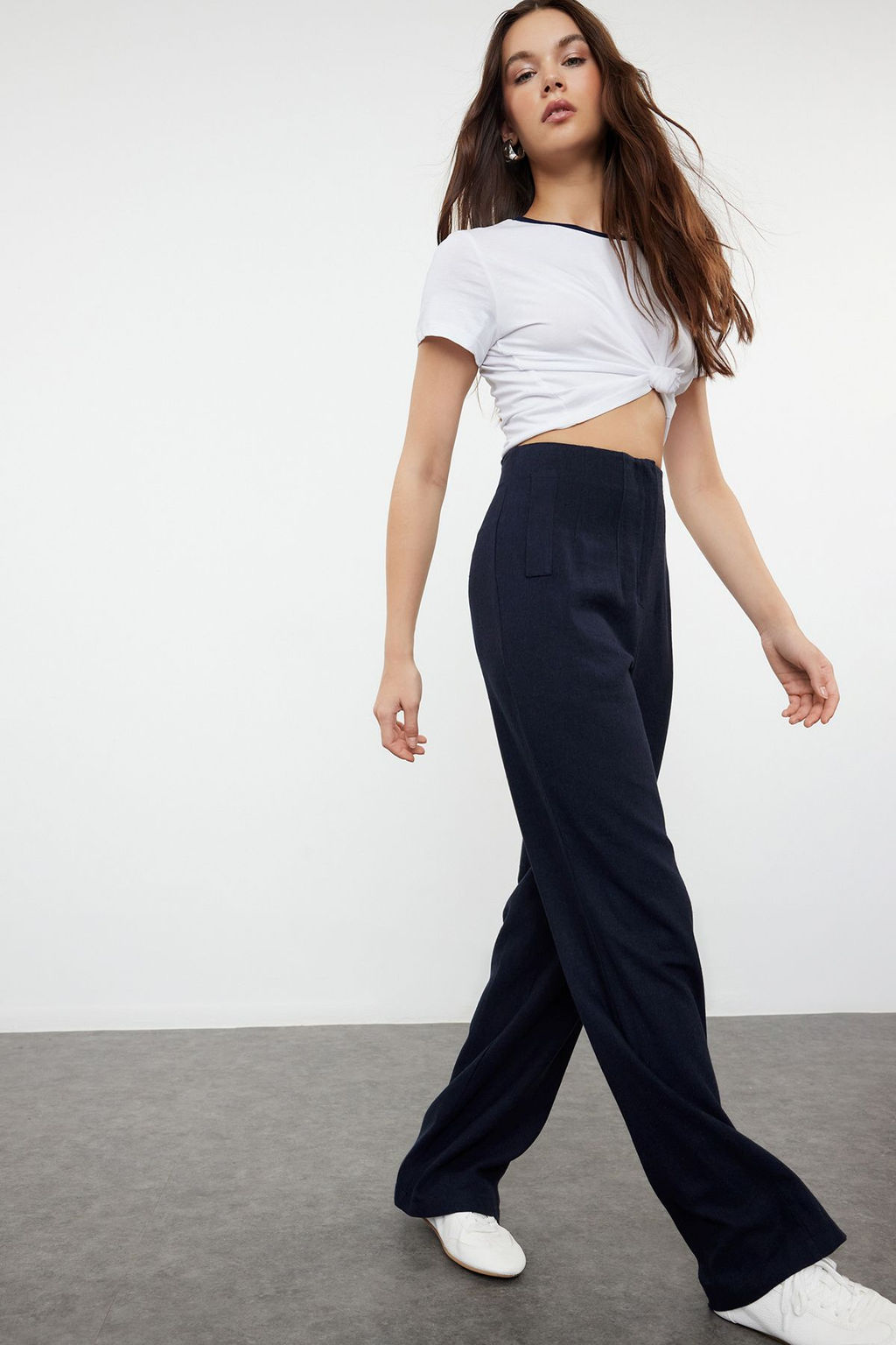 Lacivert Keten GorunumluWide Leg/Genis Paca Yuksek Bel Dokuma Pantolon TWOSS24PL00169 - Trendyolmilla фото 2
