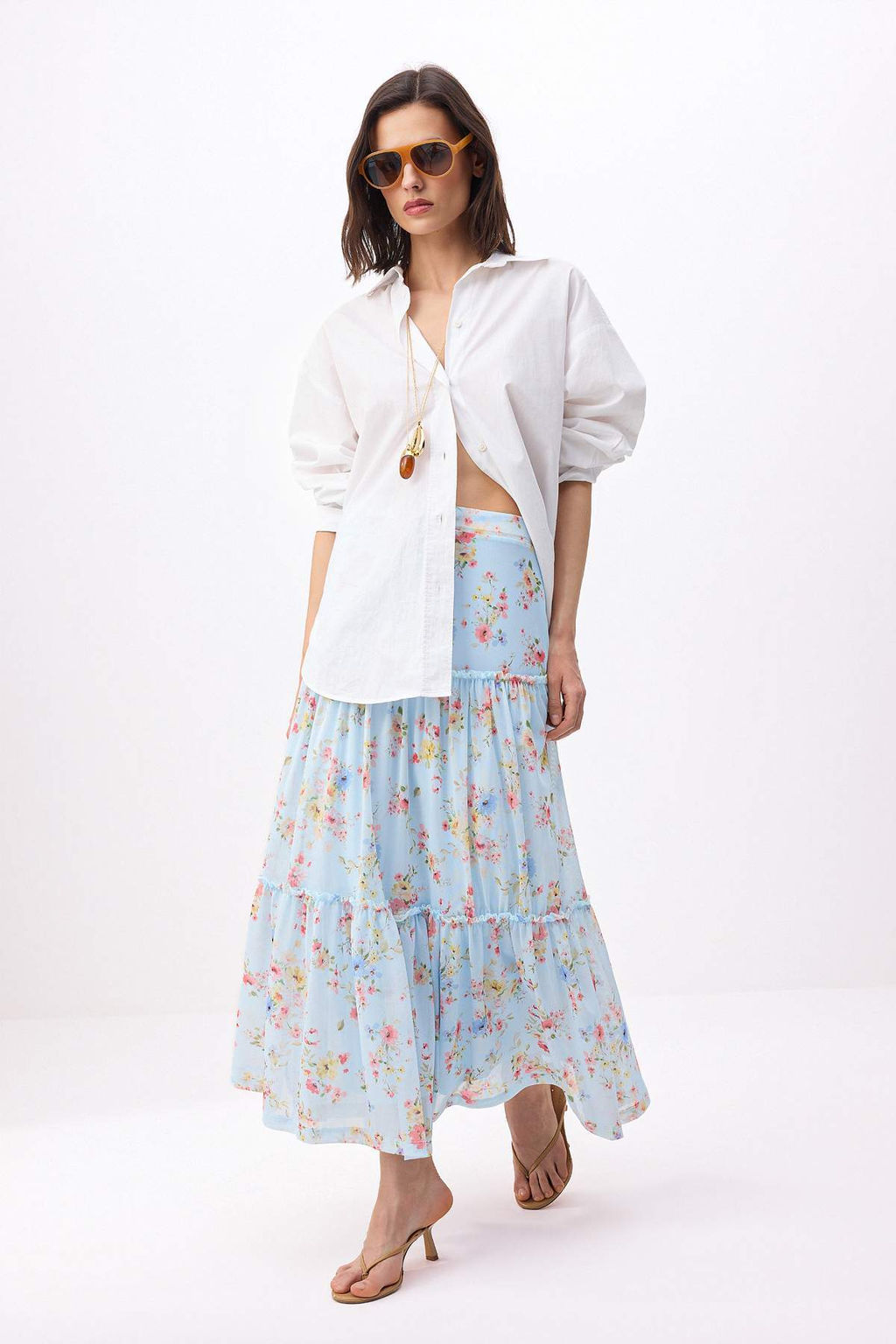 Ac?k Mavi Tul Cicek Bask?l? Buzgu/Drape Detayl? Esnek Etek TWOSS25ET00064