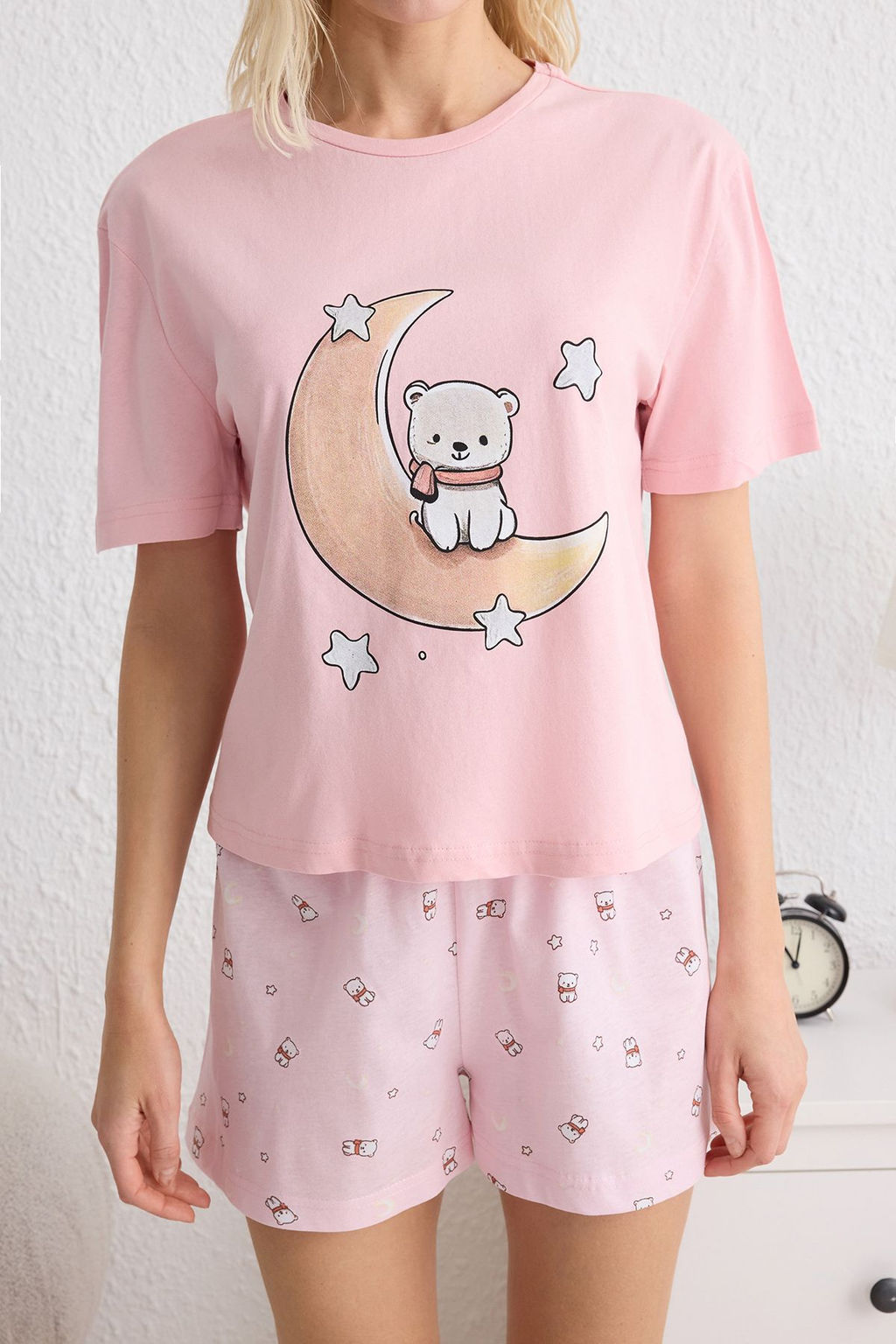 Trendyolmilla Pembe %100 Pamuklu Ay?c?k ve Y?ld?z Desenli Sortlu Orme Pijama Tak?m? THMSS25PT00081  фото 3