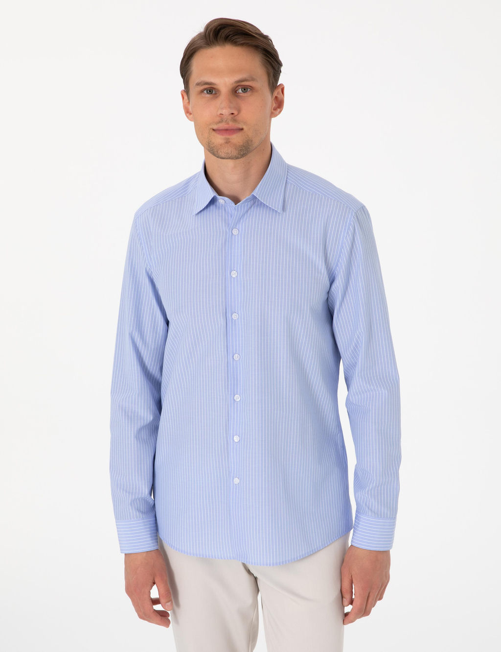 A__k Mavi Slim Fit _izgili Uzun Kollu G_mlek