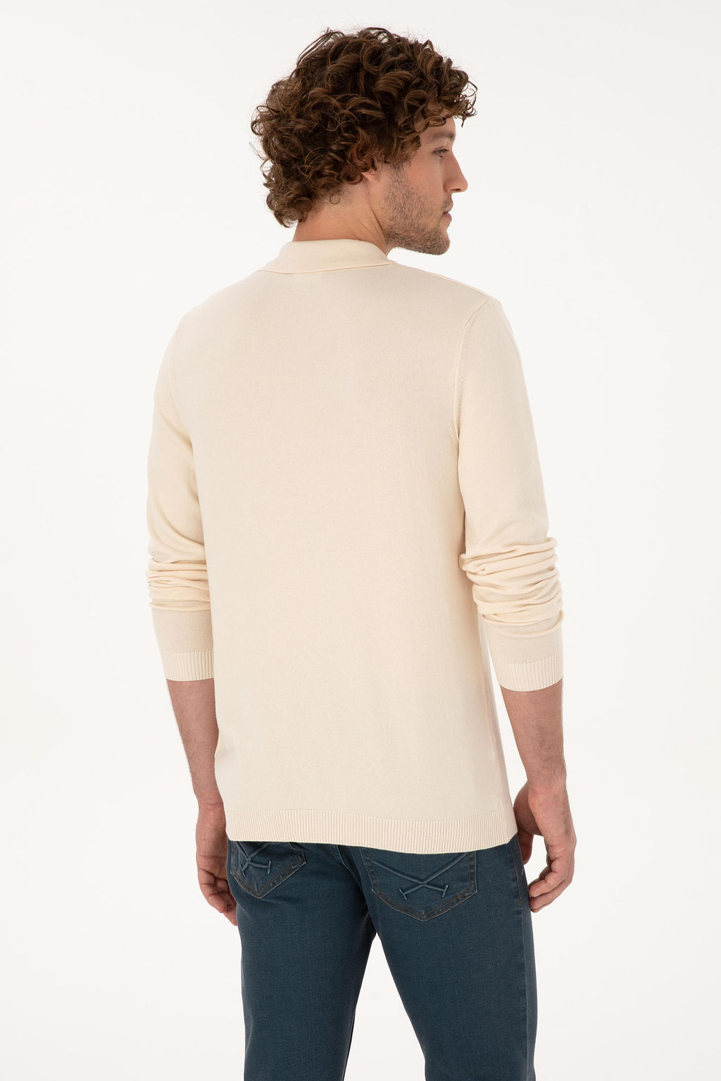 Erkek Slim Fit Yar_m Fermuarl_ Polo Yaka Krem Kazak