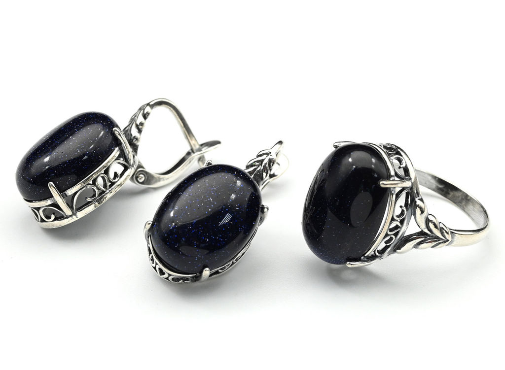 Кольцо Серьги с авантюрином синим имитация размер 18.