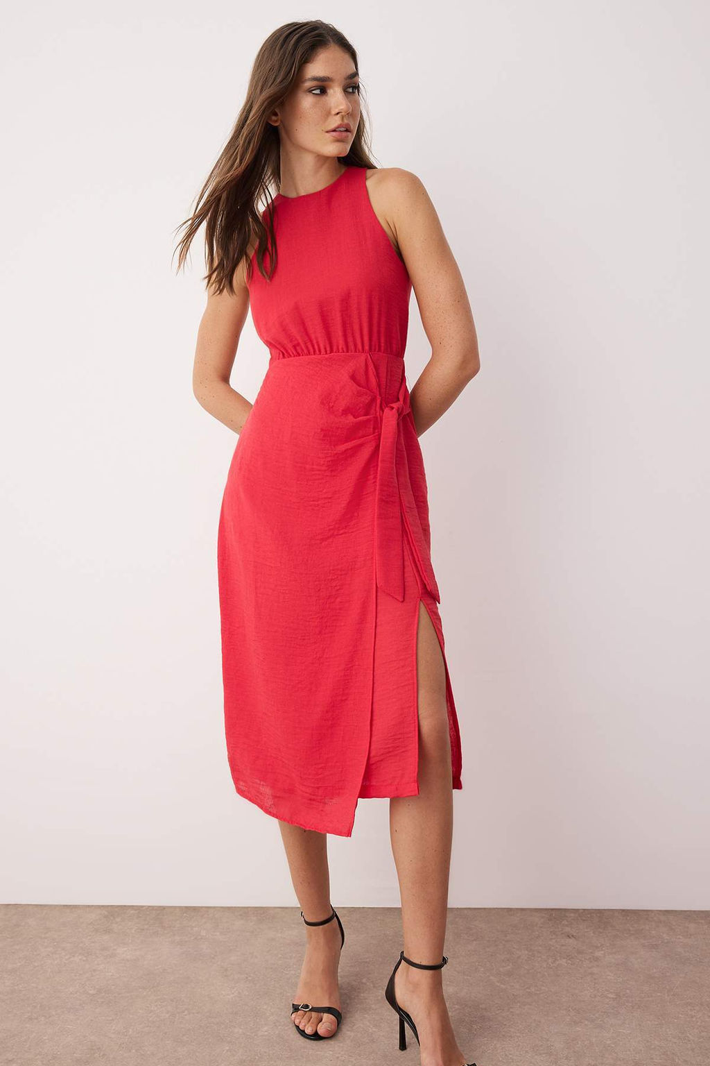 TRENDYOLMILLA Kahverengi Duz Midi Dokuma Elbise TWOSS25EL00777  фото 15