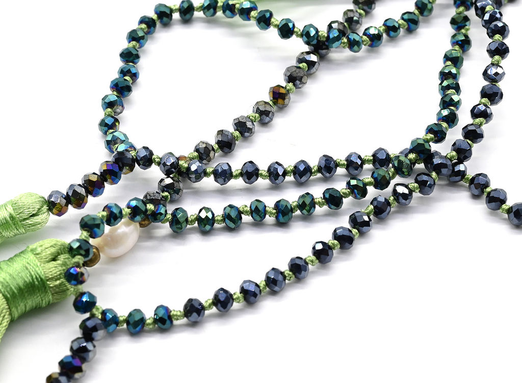 Колье Кисточки с цирконом цвет зеленый, 80см