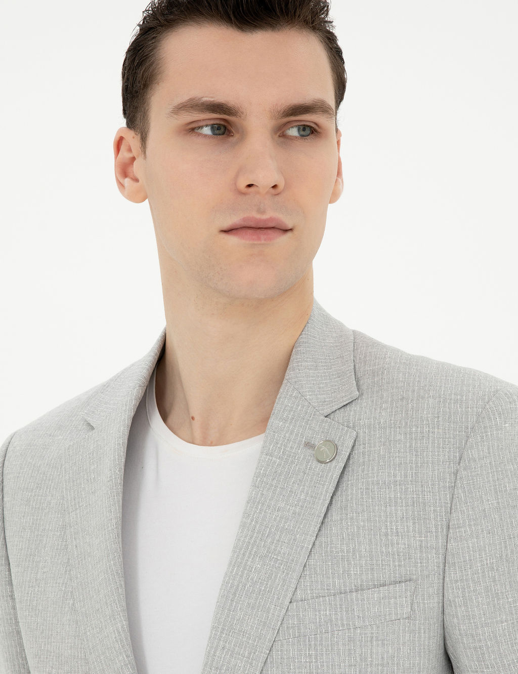 Gri Slim Fit Keten Kar___ml_ _izgili Tak_m Elbise