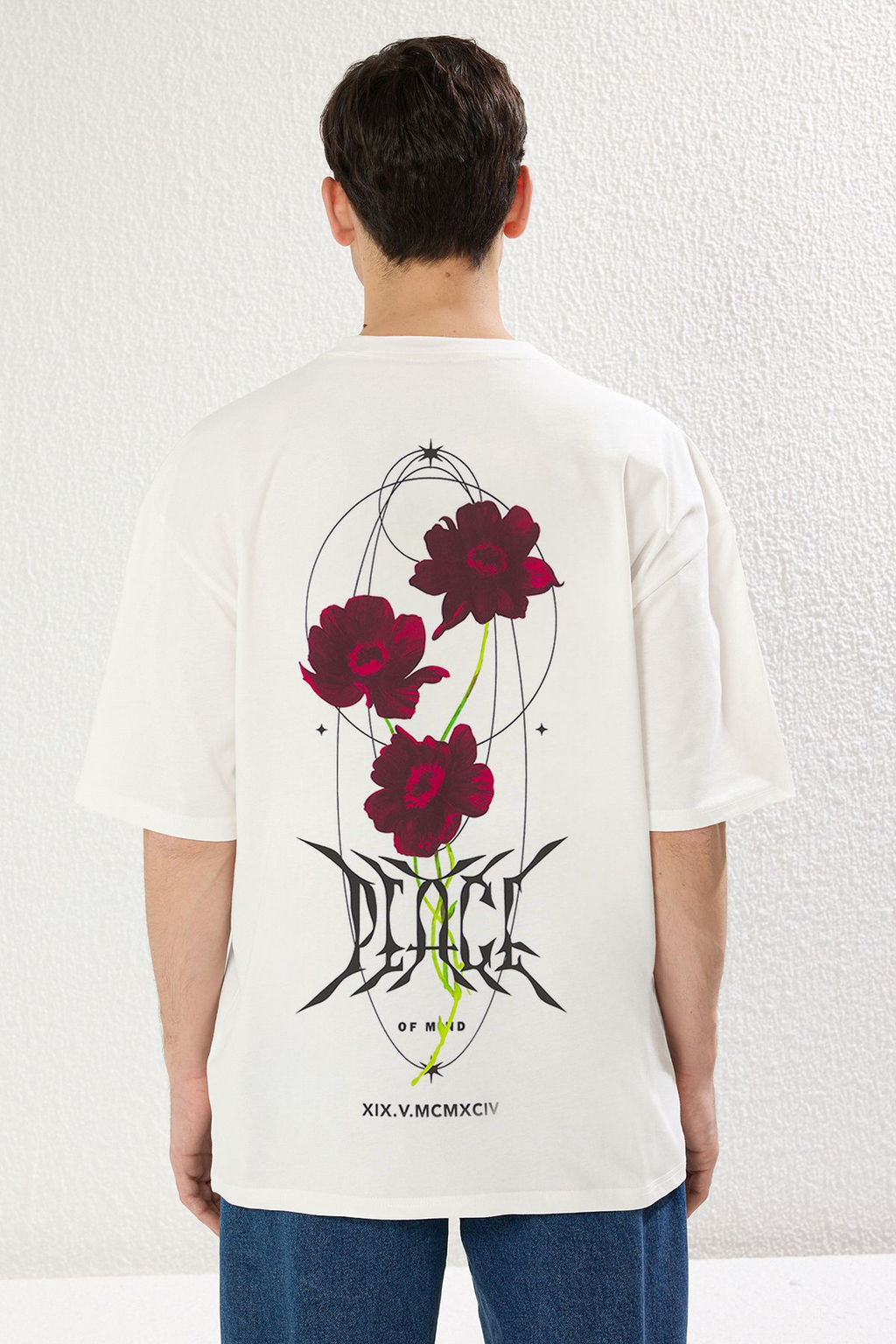 TRENDYOL MAN Ekru Oversize/Genis Kesim Cicek S?rt Bask?l? %100 Pamuk Duble Kol T-Shirt TMNSS25TS00112 - Trendyolmilla фото 3
