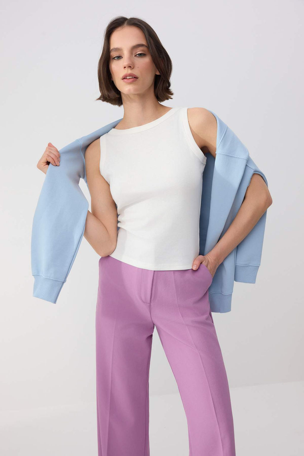 Wardrobe Essentials-Ekru Fitted/Vucuda Oturan Kolsuz Pamuk Ribana Orme Atlet TWOSS26AL00043