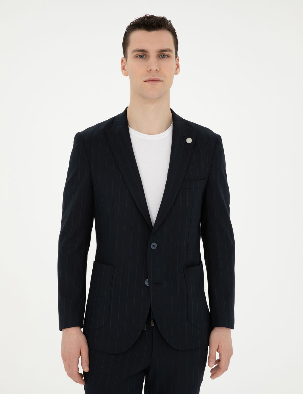 Lacivert Extra Slim Fit _izgili Tak_m Elbise
