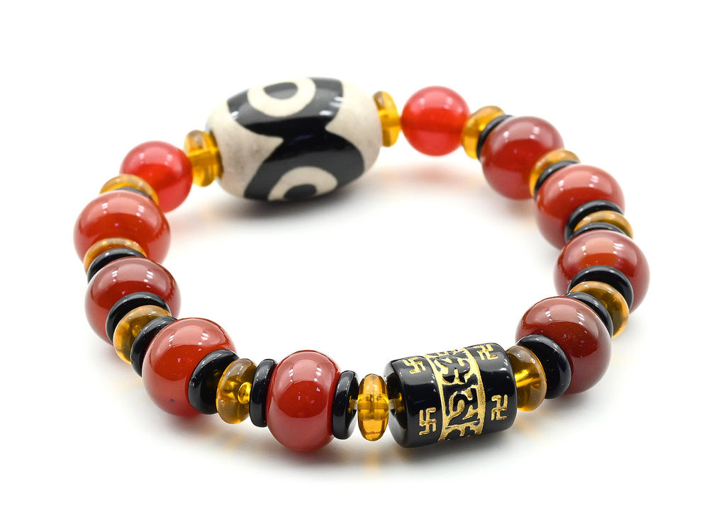 Браслет с бусиной дзи Три глаза бочонок 16*22мм с сердоликом рондель 12*8мм - Радуга камня фото 2