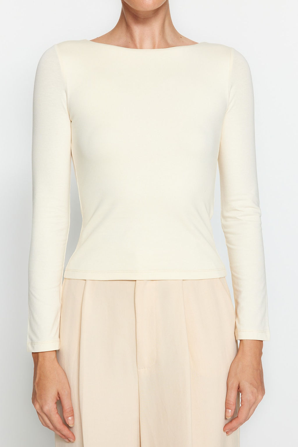 Tas Pamuklu Esnek Kay?k Yaka Fitted/Vucuda Oturan Esnek Orme Bluz TWOAW24BZ00166