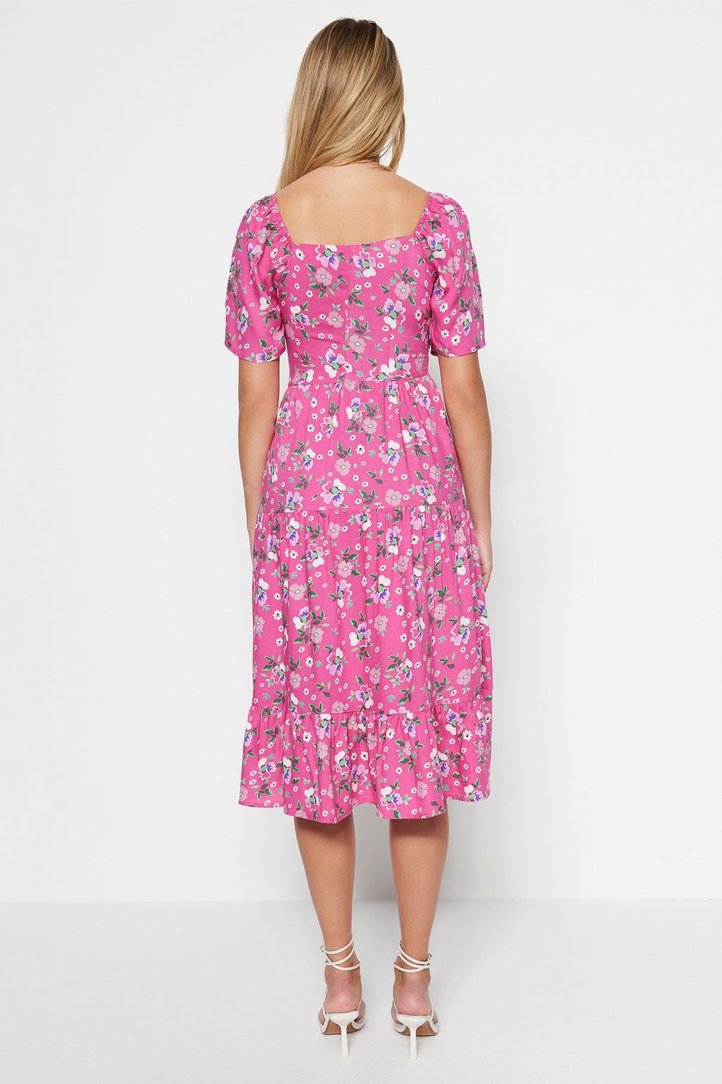 Pembe A Kesim Balon Kollu Cicek Desenli Midi Dokuma Elbise TWOSS20EL2323