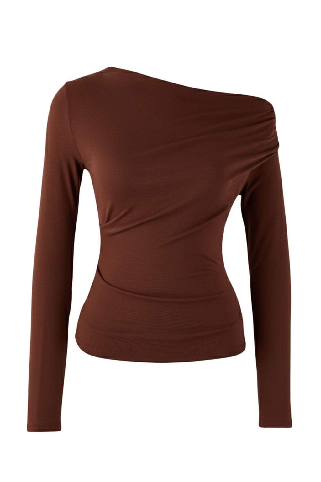 Kahverengi Fitted/Vucuda Oturan Asimetrik yaka Detayl? Yumusak Kumasl? Orme Bluz TWOAW26BZ00088