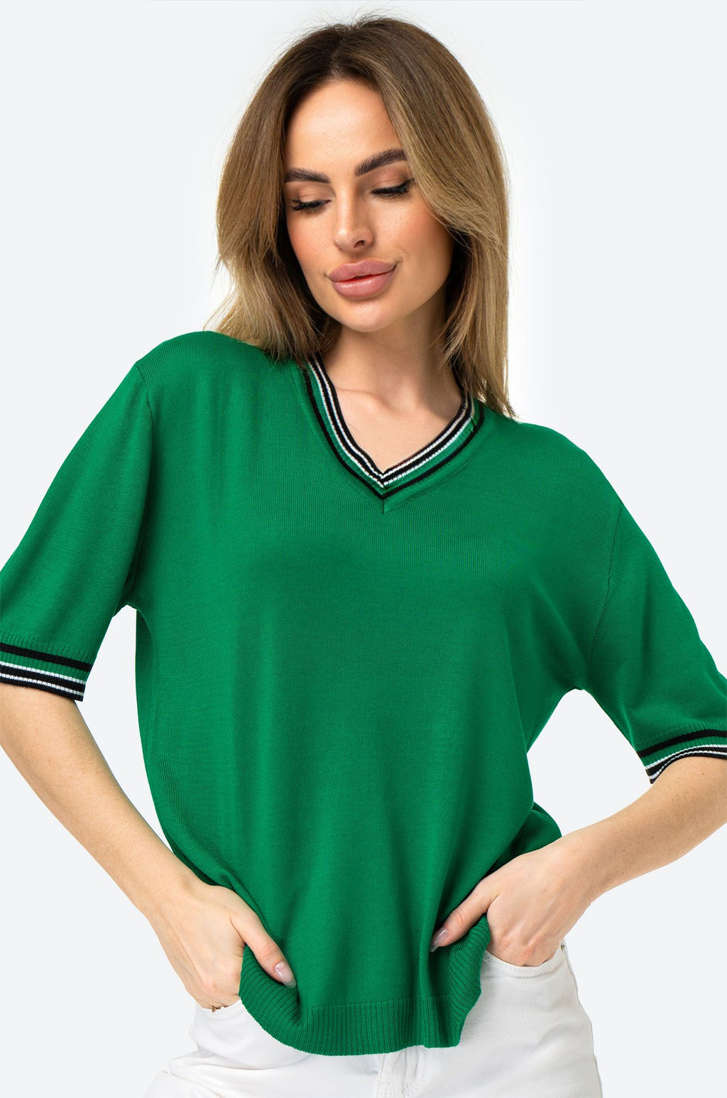 Женская футболка из вязаного трикотажа с V-образным вырезом Happy Fox  фото 18