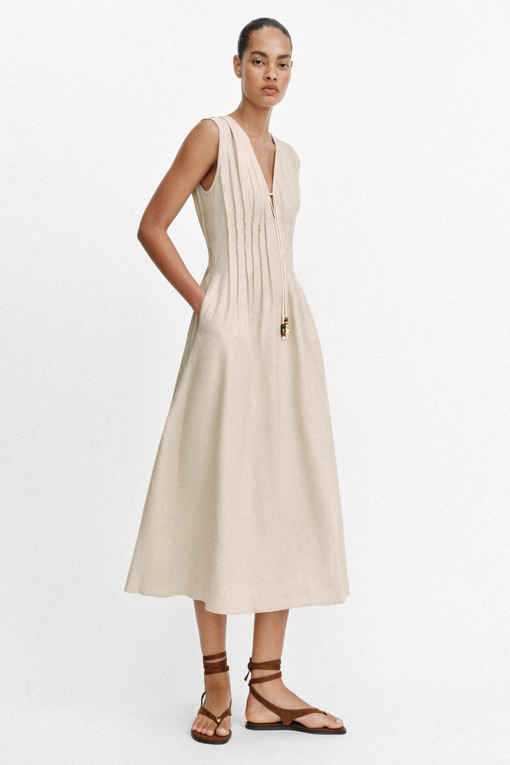 VESTIDO MIDI JARETAS CON LINO / Beige claro - Zara фото 3